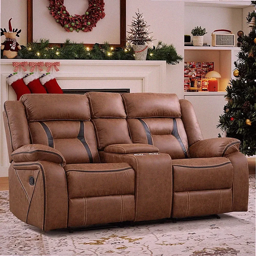 Brown Faux Leather Reclining Loveseat with Console & Cup Holders