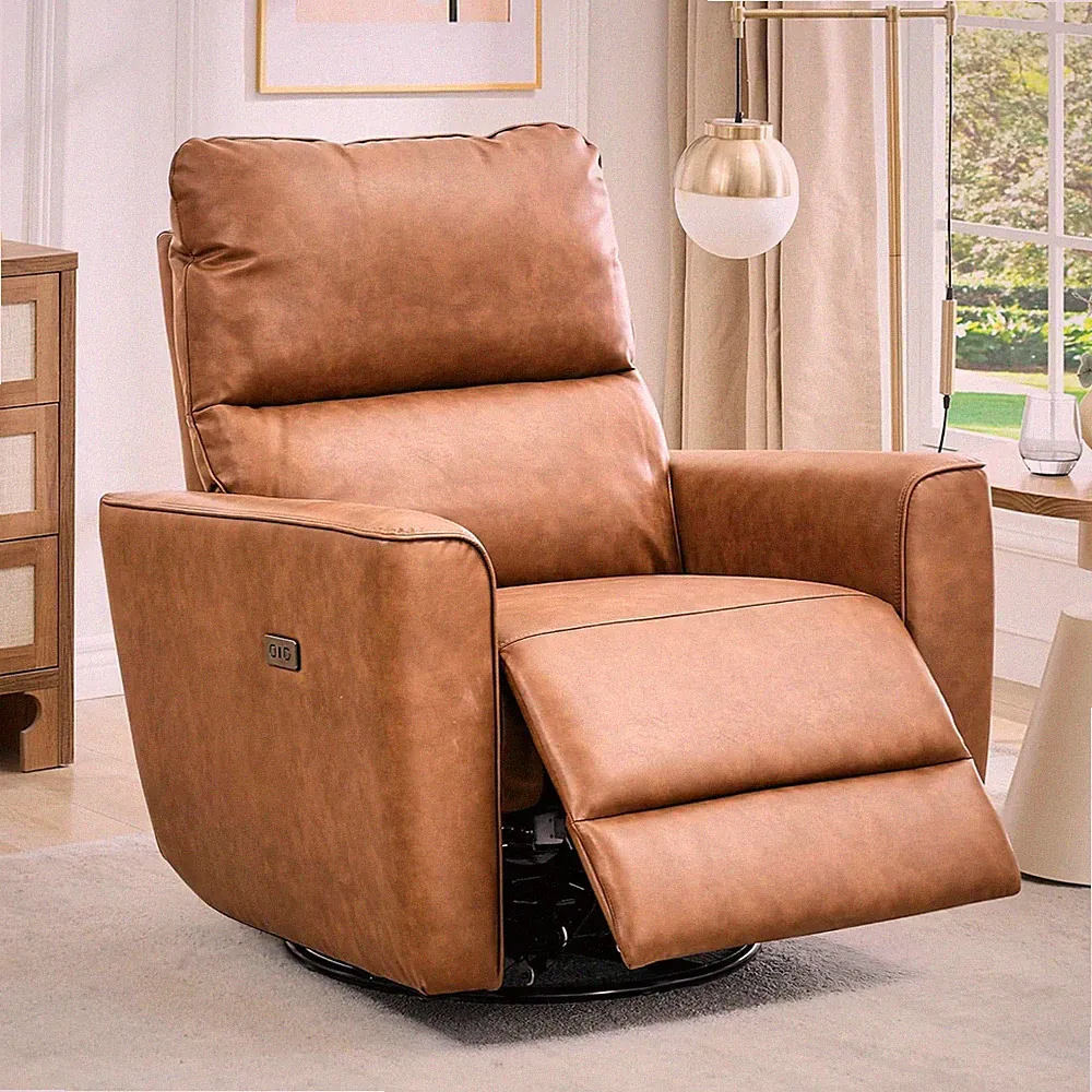 Faux Leather Power Recliner Chair with Charging Port & Curved Armrests - Camel