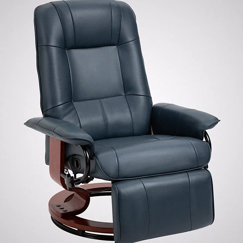 Faux Leather Reclining Lounge Chair Swivel Recliner Sofa Seat w/ Wood Base Blue