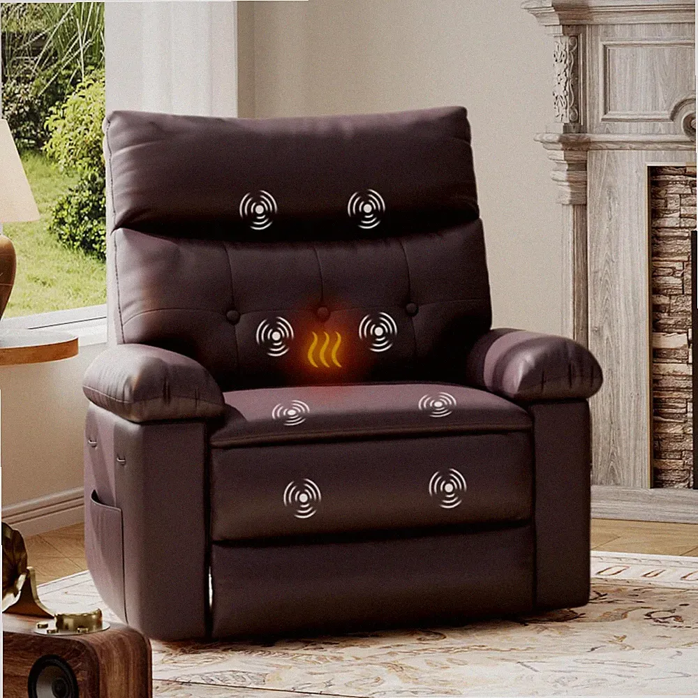 Oversized Leather Recliner Chair with Heat, Massage & Swivel Rocker Function