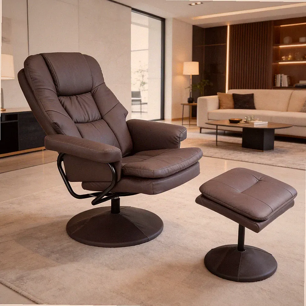 Swivel Brown Faux Leather Recliner Modern Armchair with Ottoman for Small Space