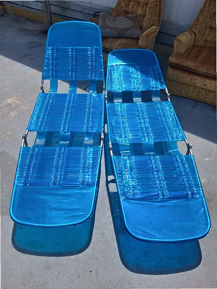 Tri Folding Chaise Jelly Tube Lounge Beach Pool Vintage Pair 2 blue fee Ship