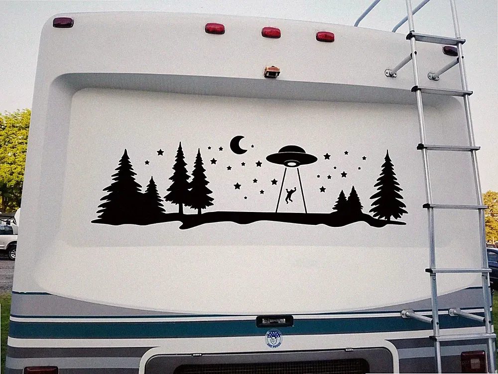 UFO Forest Moon Scene Vinyl Decal V1 | RV Graphics Stars Alien Abduction Sticker
