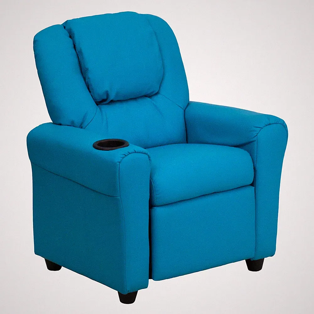 Vana Contemporary Turquoise Vinyl Kids Recliner with Cup Holder and Headrest