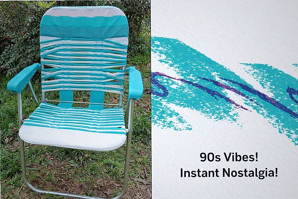 Vintage 90s Jelly Tube Lawn Chair Teal Webbed Aluminum Folding Beach Patio Retro