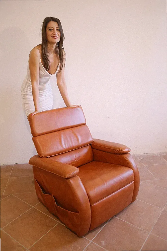 Vintage Reclining Relax Armchair 80s Leather Vinyl Upholstery Cognac
